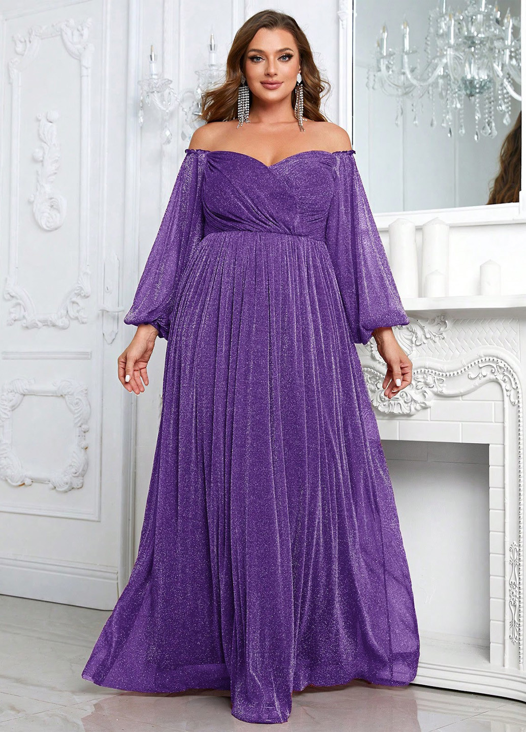 Фиолетовое вечернее, праздничный платье с открытыми плечами, с пышной юбкой SHEIN однотонное