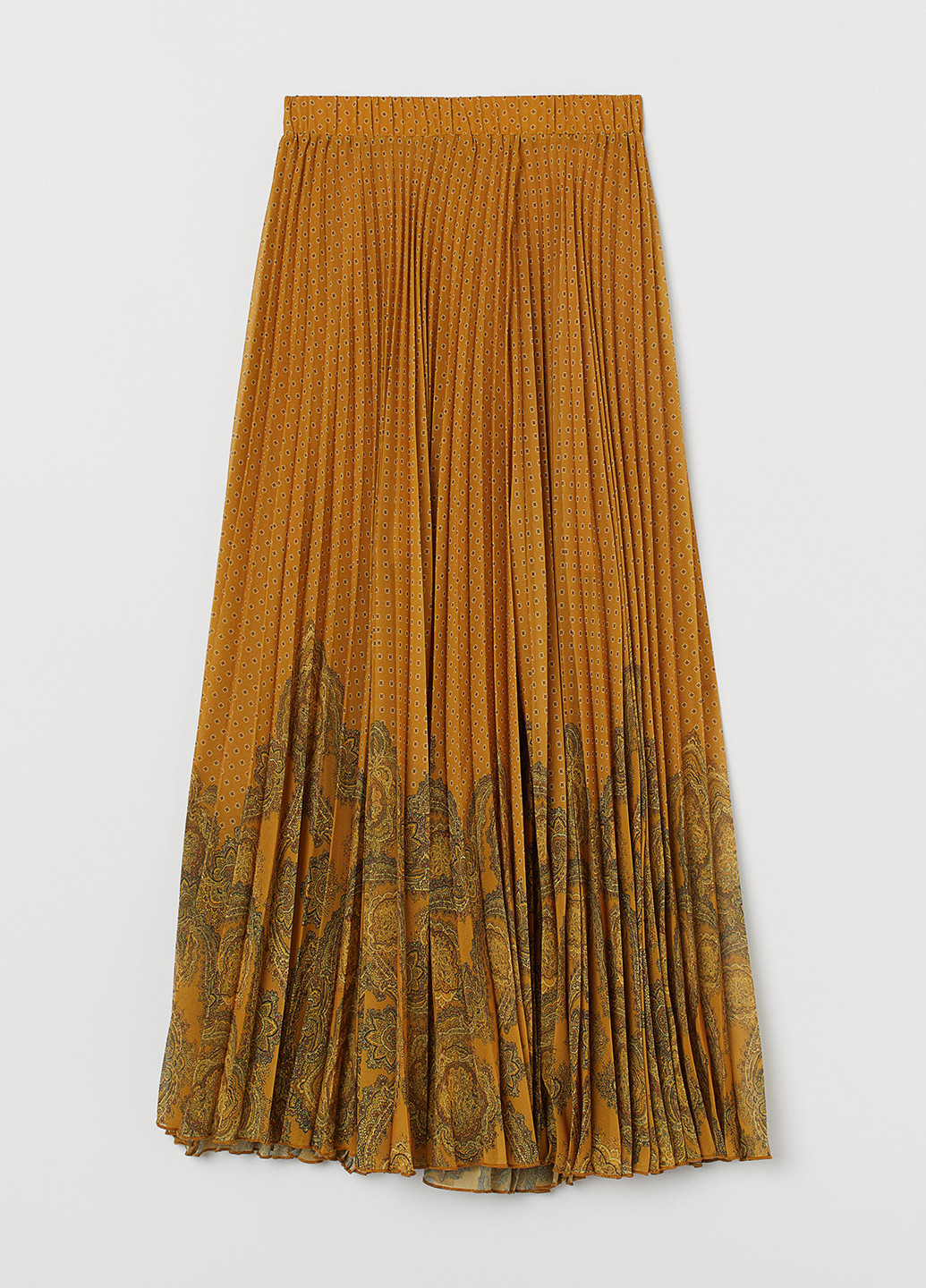 Горчичная кэжуал с орнаментом юбка H&M плиссе, клешированная