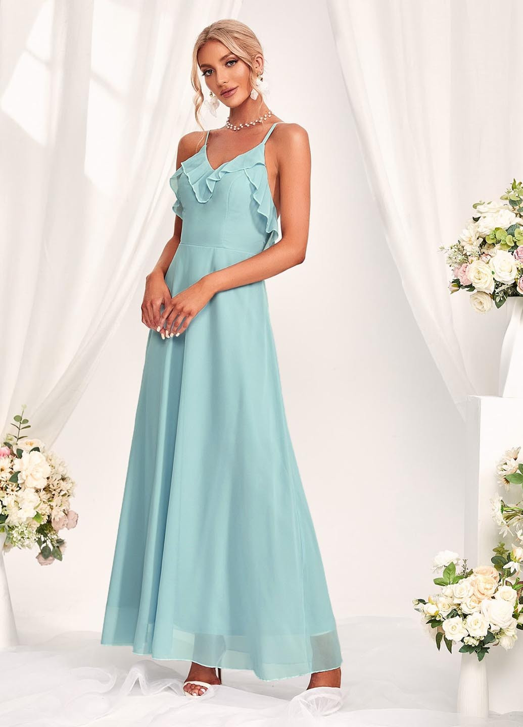 Мятное вечернее, коктейльное платье клеш, с открытой спиной SHEIN однотонное