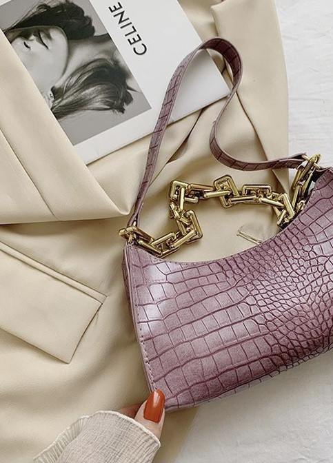 Женская сумочка через плечо багет на ремешке толстой цепочке рептилия крокодиловая кожа фиолетовая лиловая NoName (251204140)