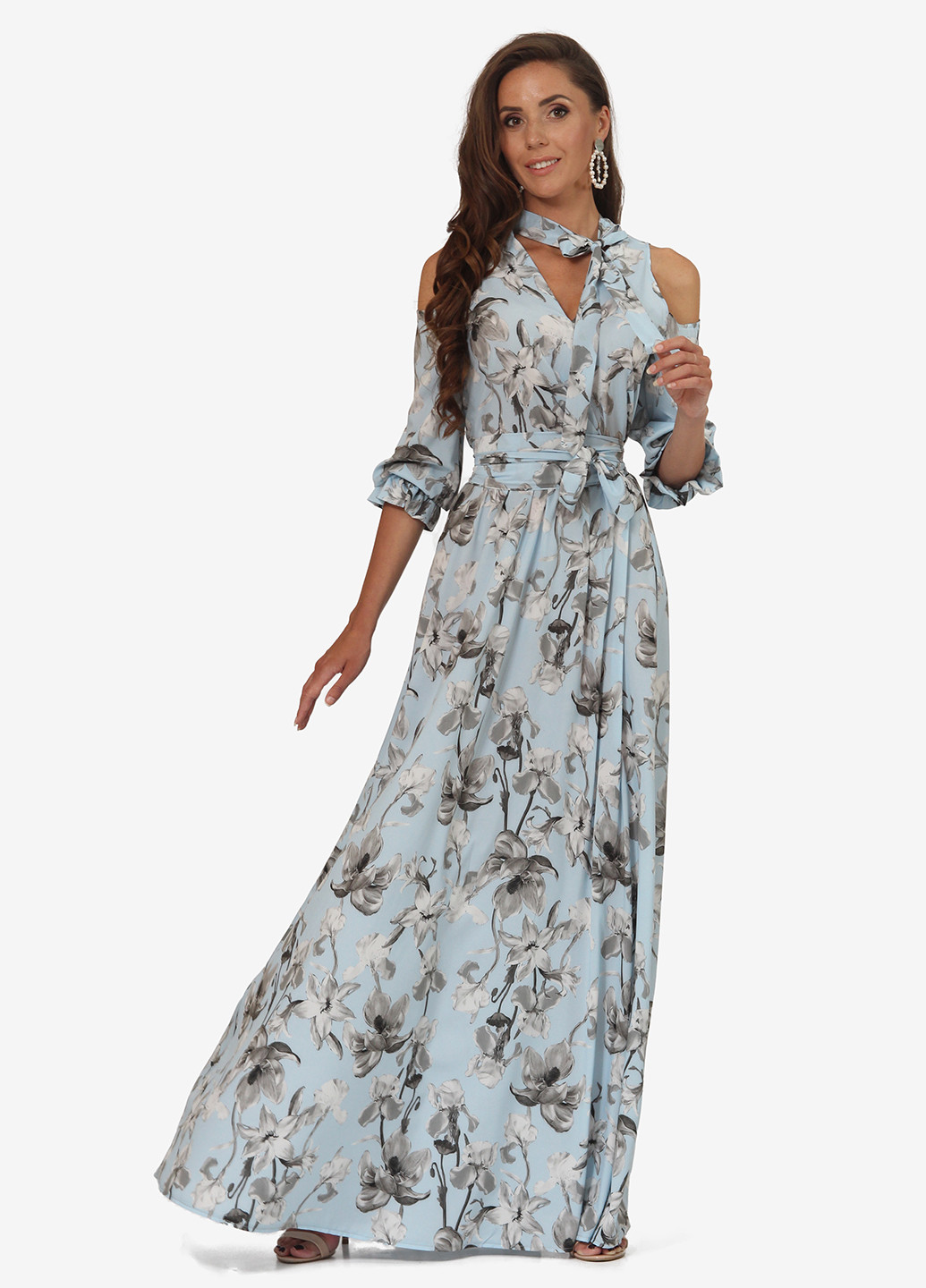 Серо-голубое кэжуал платье клеш, с открытыми плечами Lila Kass с цветочным принтом