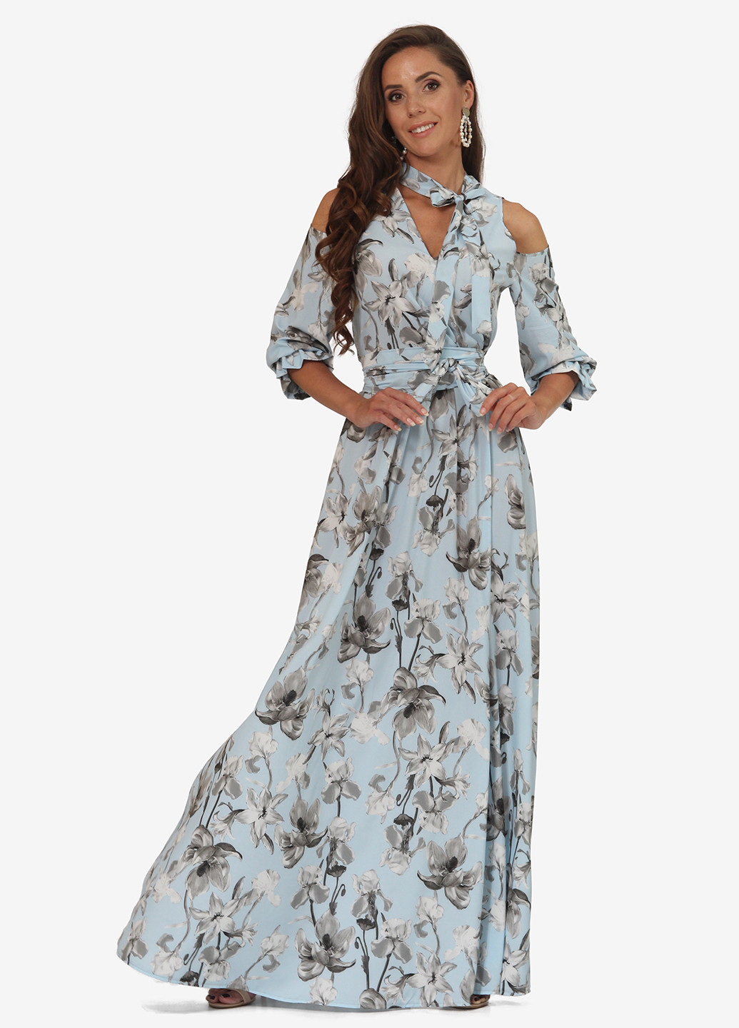Серо-голубое кэжуал платье клеш, с открытыми плечами Lila Kass с цветочным принтом