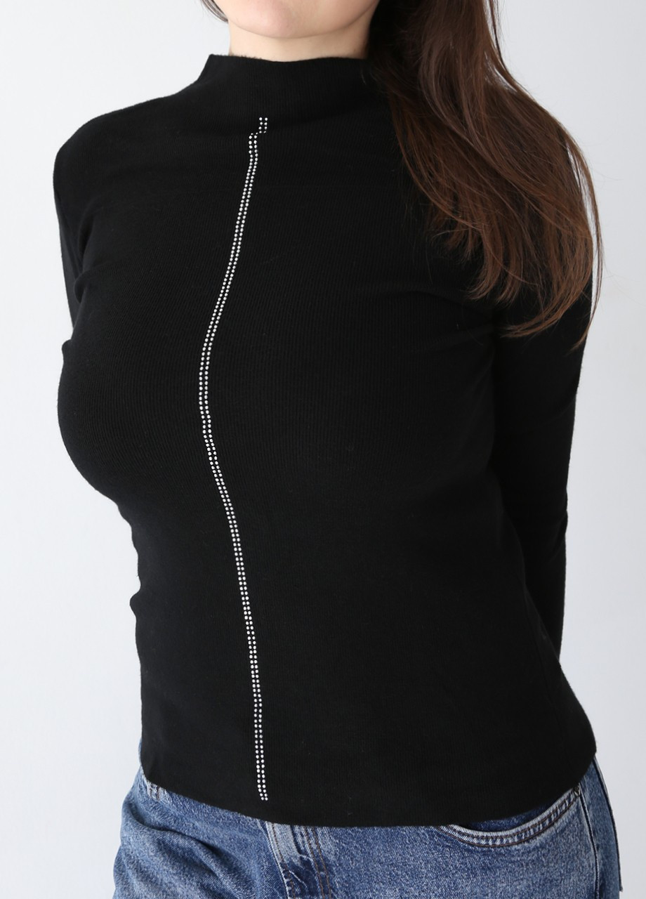 Чорний демісезонний светр жіночий чорний приталений зі стразами тонкий JEANSclub Приталенный
