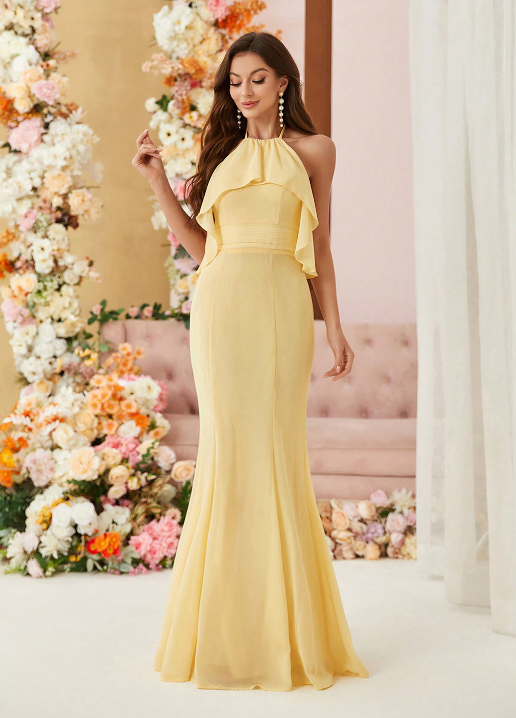 Жовтий вечірня сукня годе SHEIN однотонна