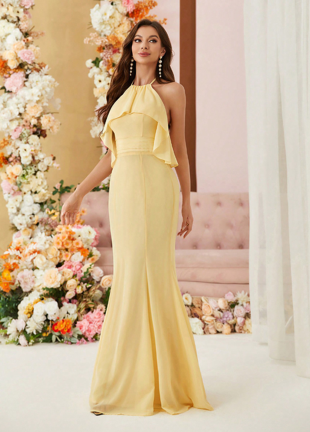 Жовтий вечірня сукня годе SHEIN однотонна