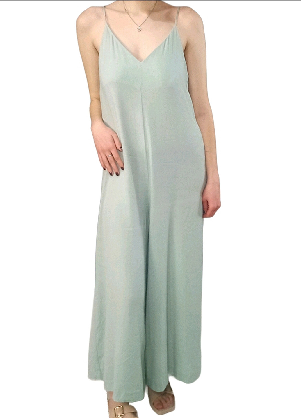 Комбинезон H&M комбинезон-брюки однотонный серо-зелёный кэжуал вискоза