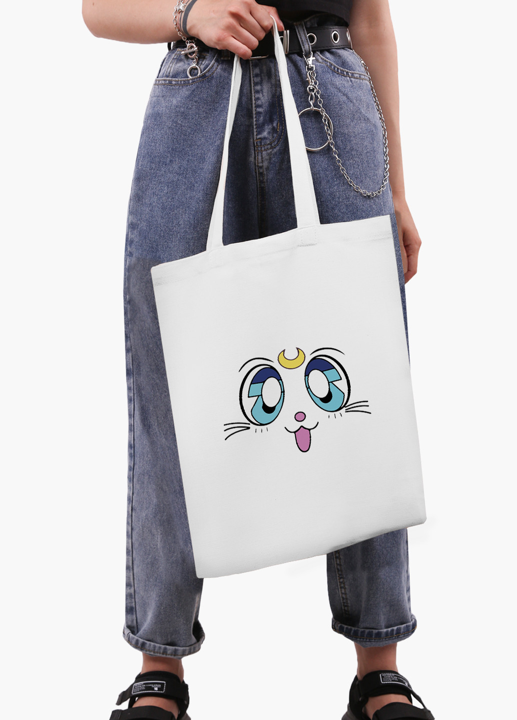 Еко сумка шоппер біла Місяць Кішка Сейлор Мун (anime Sailor Moon Cats) (9227-2921-WT-2) екосумка шопер 41*35 см MobiPrint (224806217)