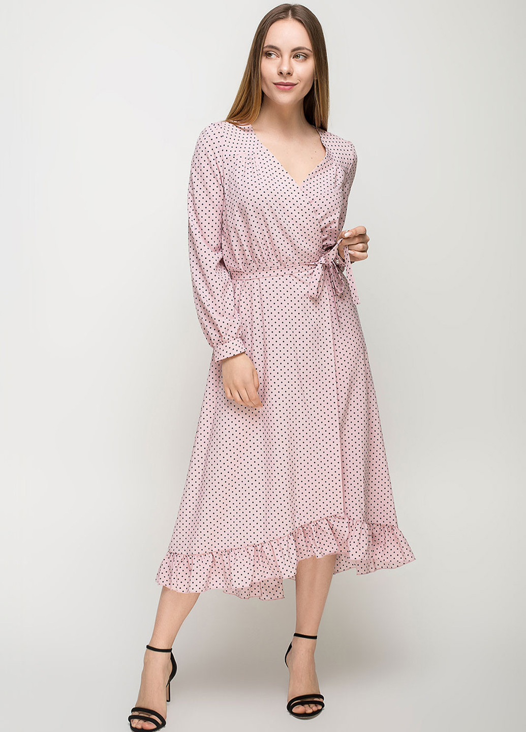Светло-розовое кэжуал платье на запах O`zona milano в горошек