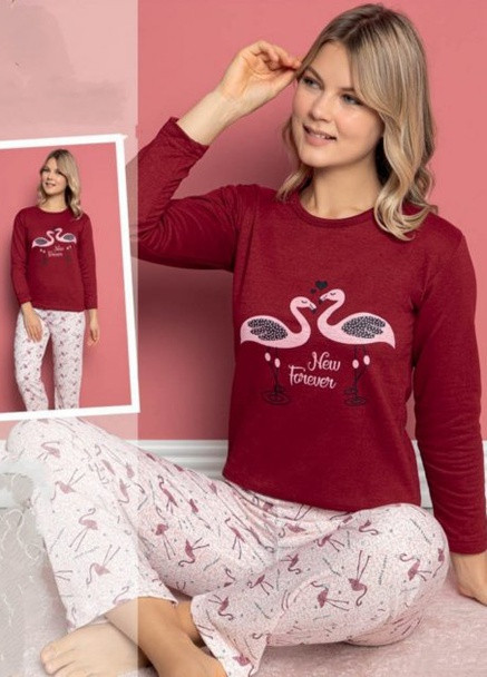 Бордовый зимний пижама с начесом (лонгслив, брюки) Lila Pijama