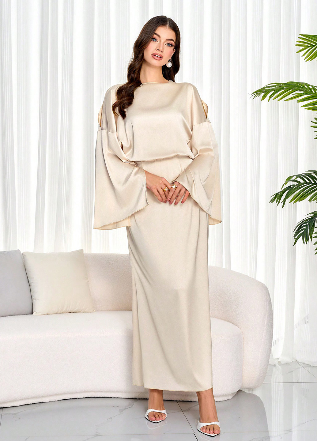 Світло-бежева вечірня сукня з відкритою спиною, з відкритими плечима SHEIN однотонна