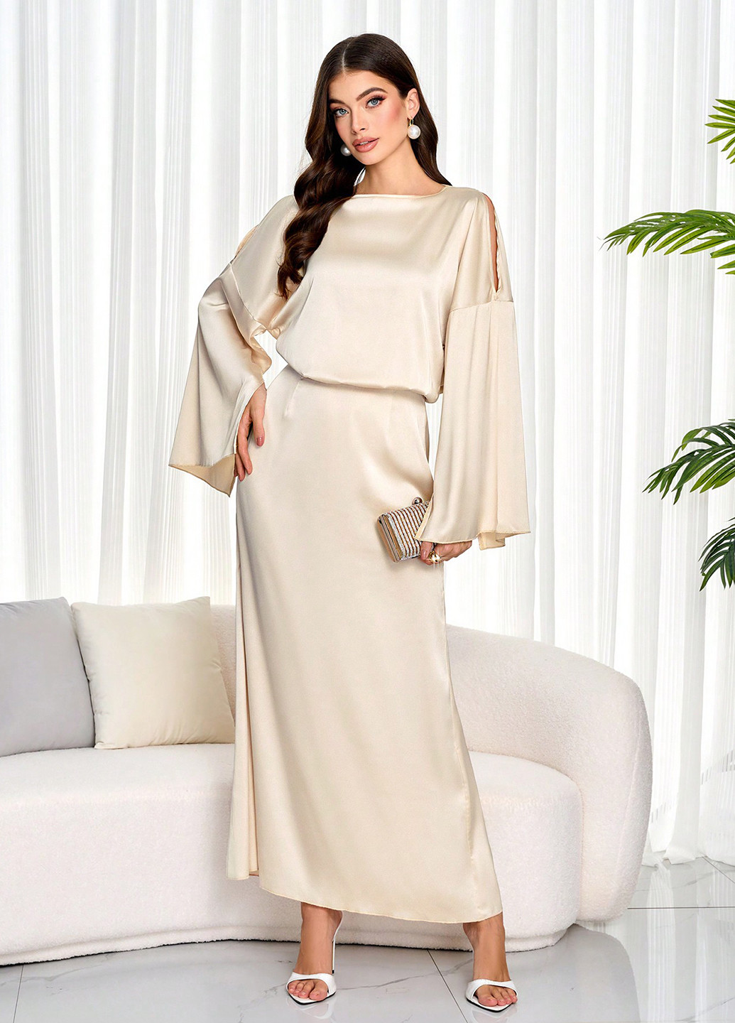 Світло-бежева вечірня сукня з відкритою спиною, з відкритими плечима SHEIN однотонна