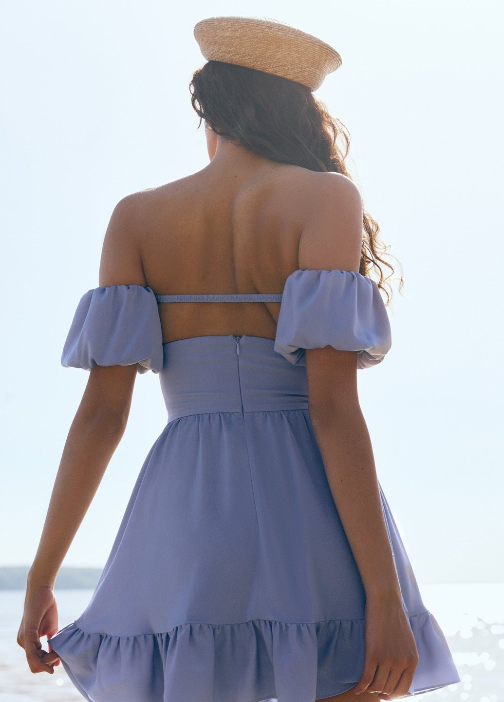 Голубое кэжуал платье с открытыми плечами Gepur однотонное