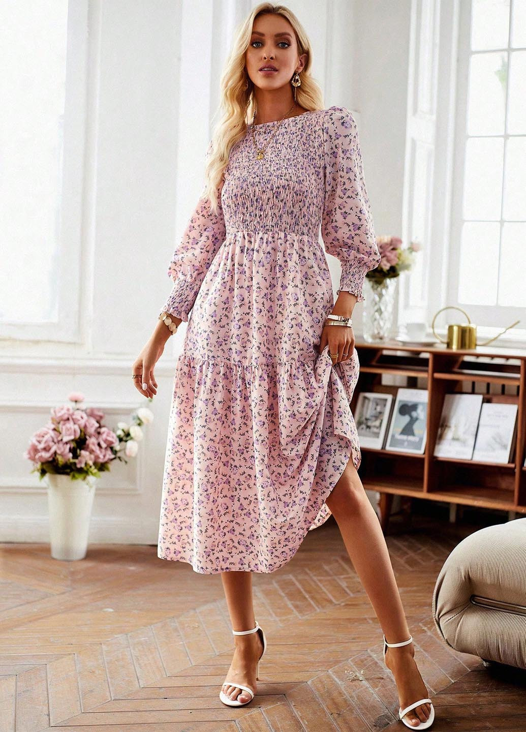 Рожева кежуал сукня а-силует SHEIN з квітковим принтом