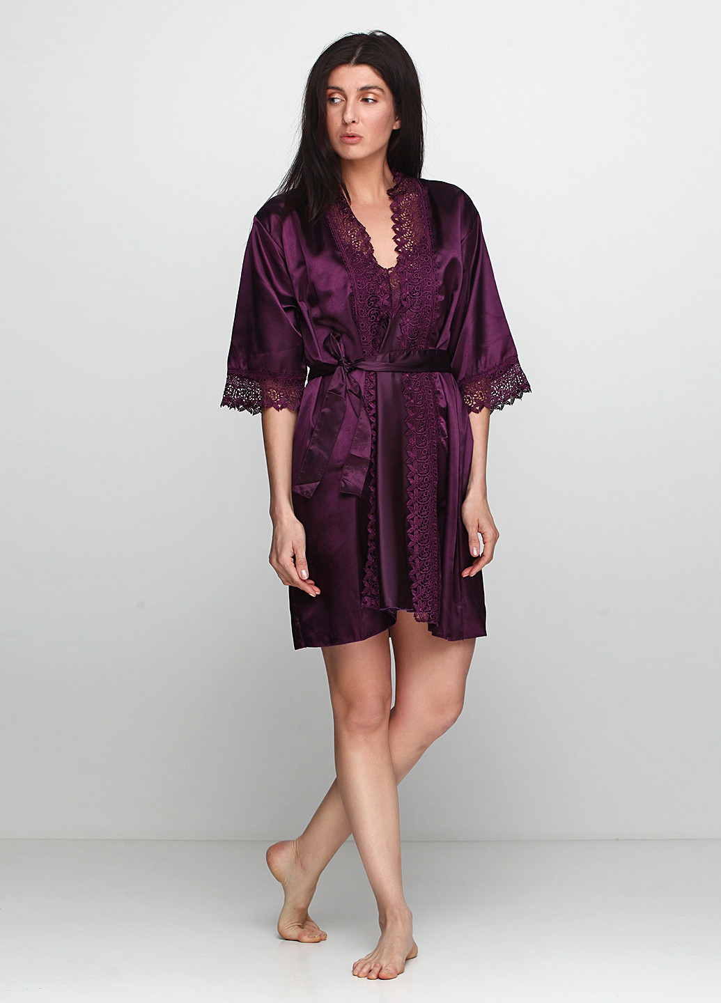 Темно-фиолетовый демисезонный комплект (ночная рубашка, халат, трусики) Deep Sleep