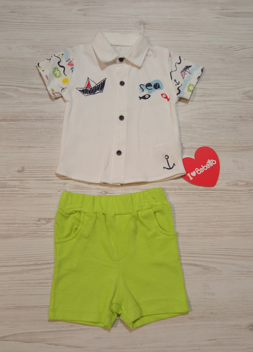 Салатовий літній костюм для хлопчика літо, сорочка + шорти і підтяжки Bebetto