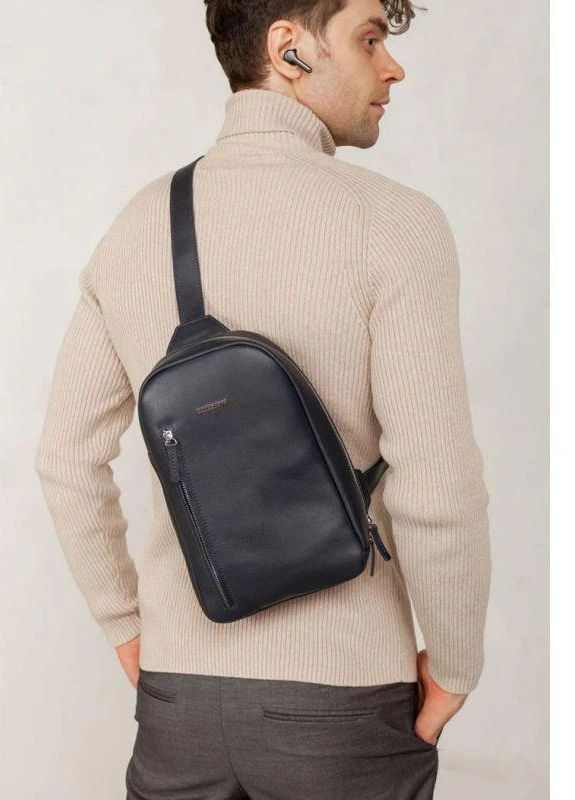 Кожаный мужской рюкзак (сумка-слинг) на одно плечо Chest Bag синий BlankNote (253147172)