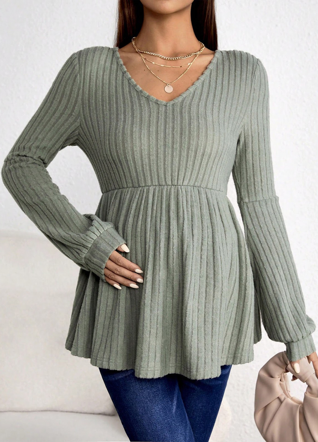 Серо-зелёная блуза для беременных SHEIN