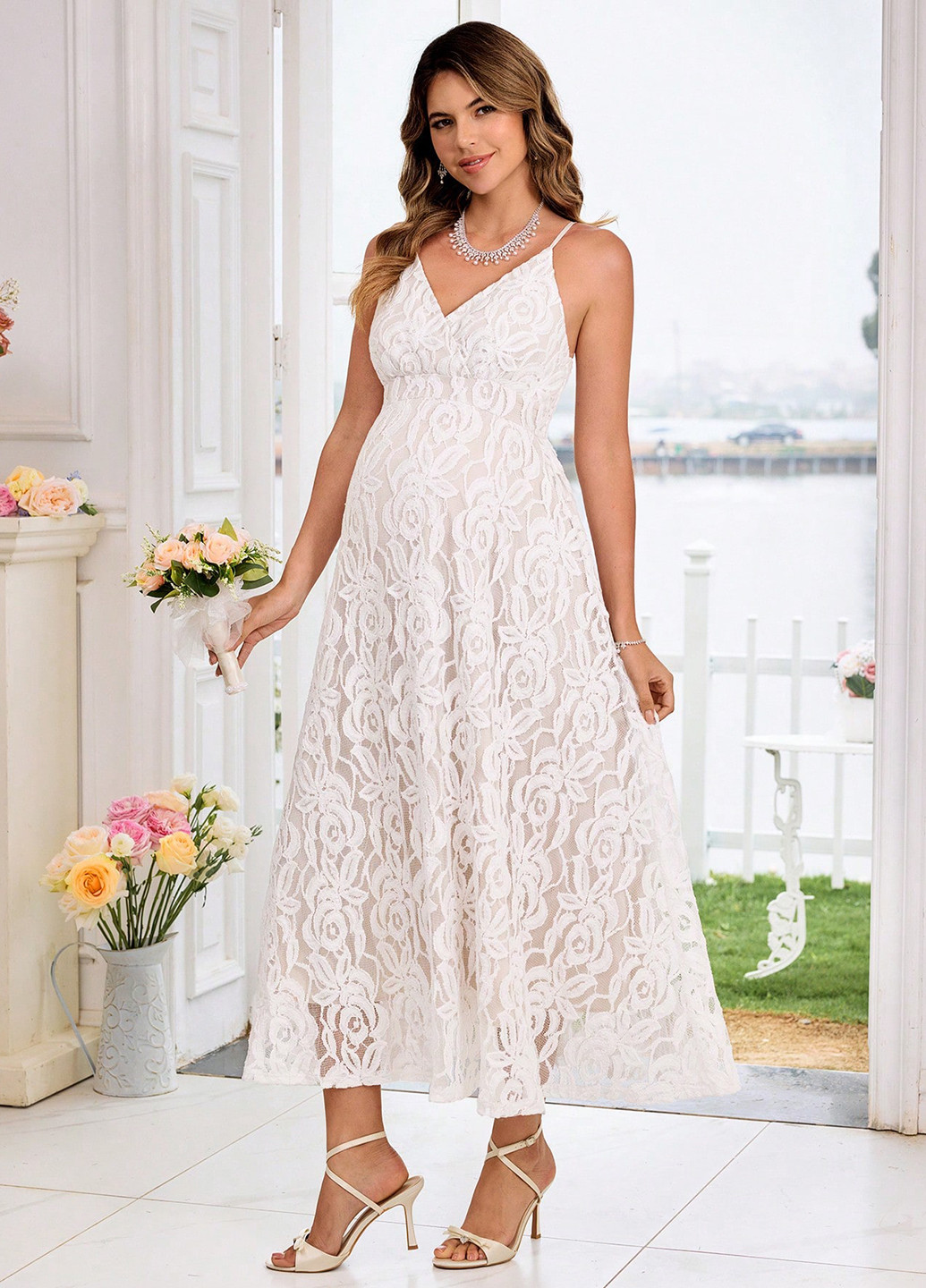 Кремовое праздничный платье для беременных на запах, а-силуэт SHEIN однотонное