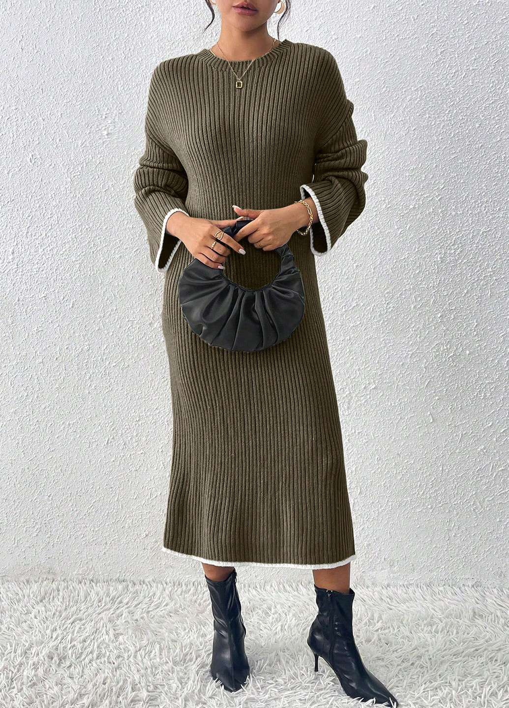 Оливковое (хаки) кэжуал платье платье-свитер SHEIN однотонное