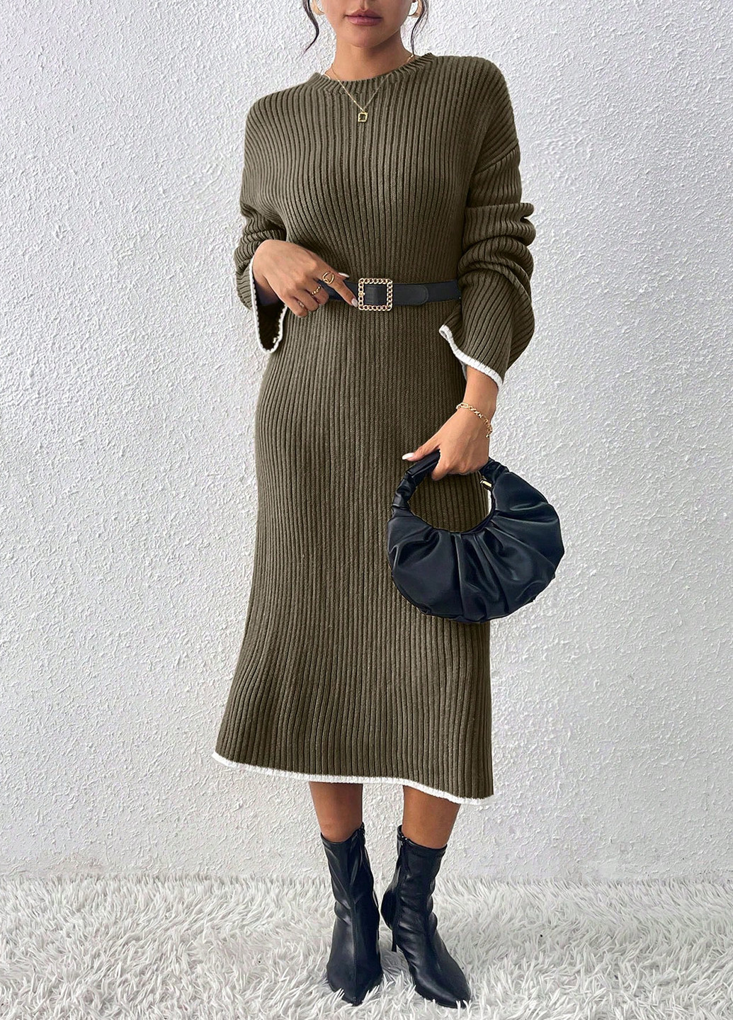 Оливковое (хаки) кэжуал платье платье-свитер SHEIN однотонное