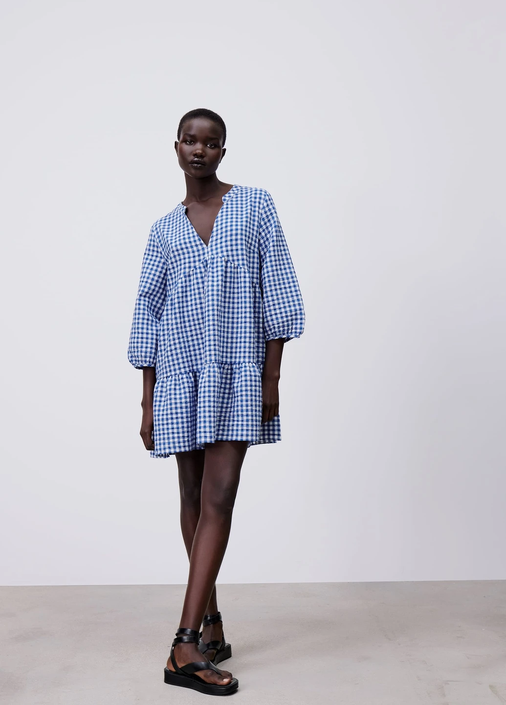 Голубое кэжуал мини платье в клеточку Zara в клетку