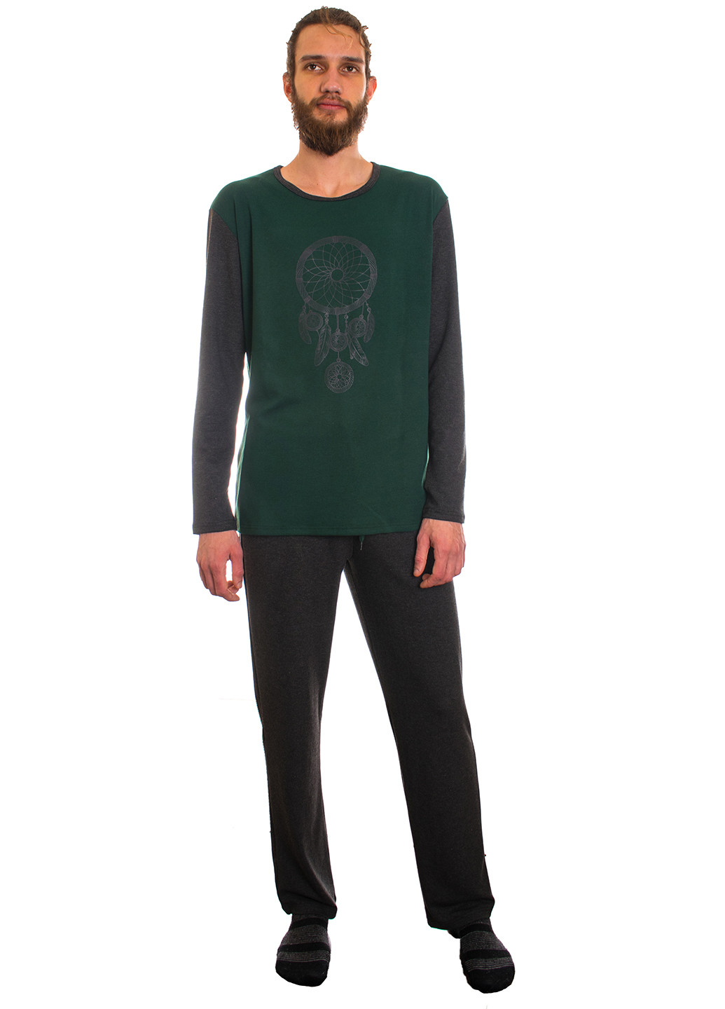 Піжама Bono лонгслив + брюки малюнок темно-зелена домашня віскоза