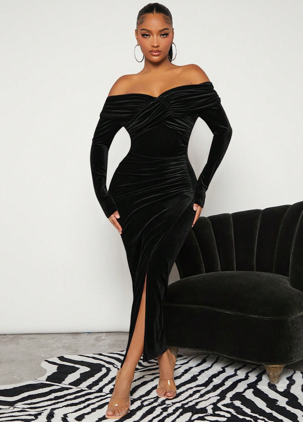 Черное вечернее платье для беременных футляр, с открытыми плечами SHEIN однотонное