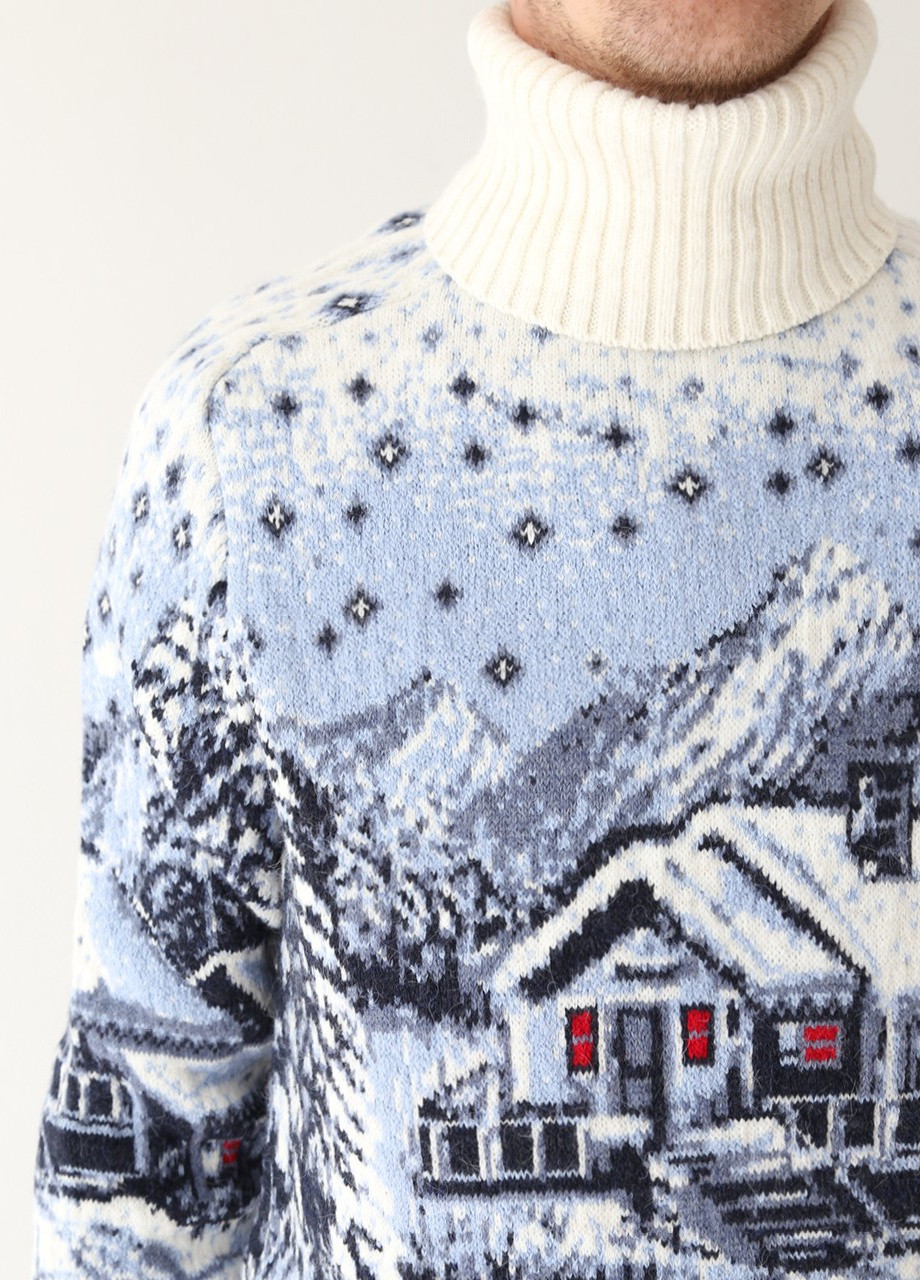 Молочний зимовий светр чоловічий зимовий з будиночками молочний Pulltonic Прямая