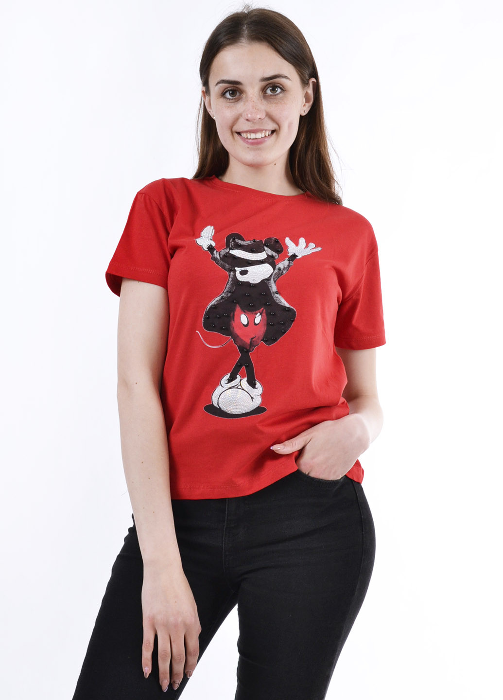 Красная летняя женская футболка микки маус No Brand
