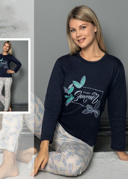 Синий зимний пижама с начесом (лонгслив, брюки) Lila Pijama