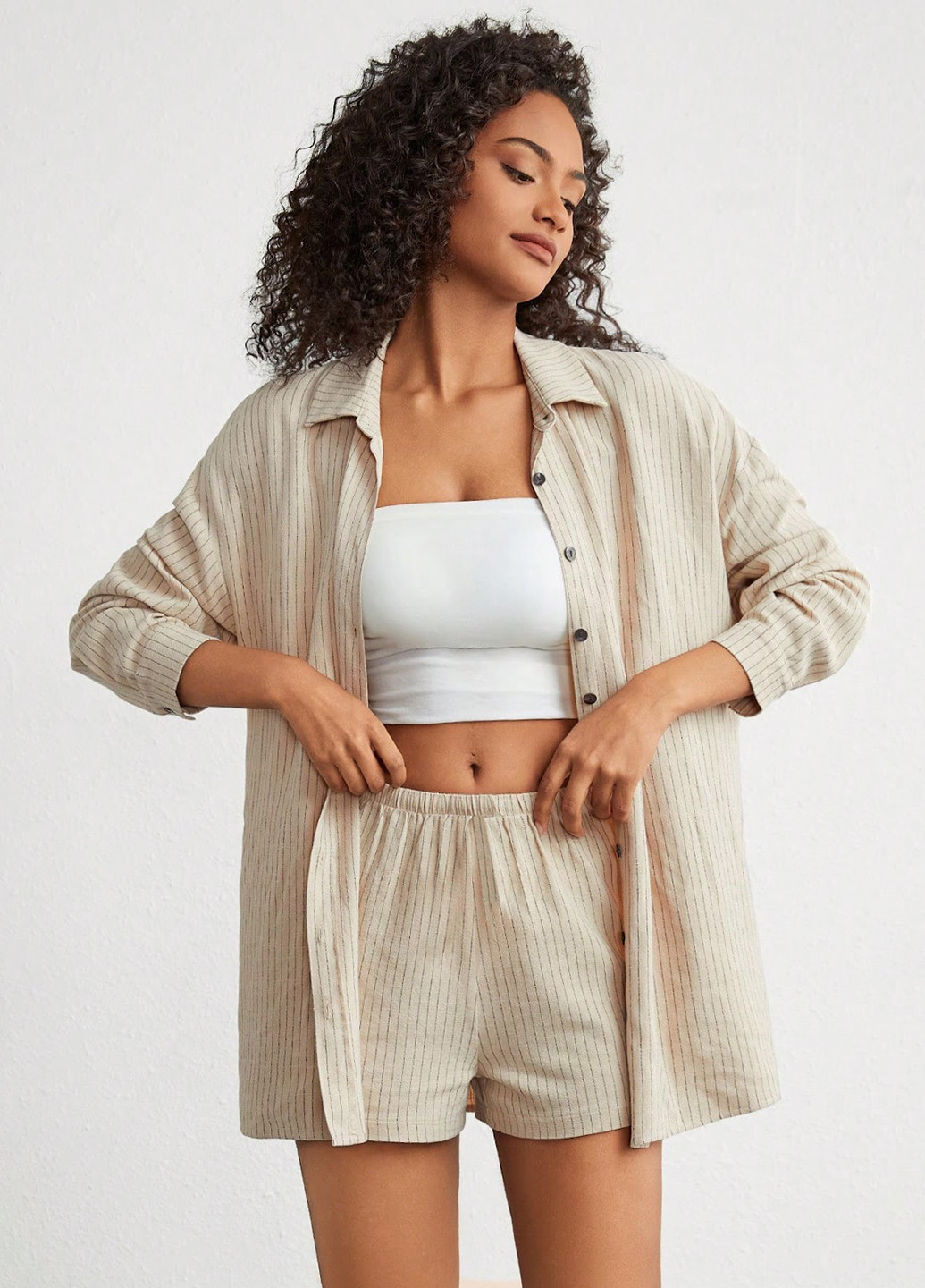 Светло-бежевый демисезонный комплект (рубашка, шорты) SHEIN