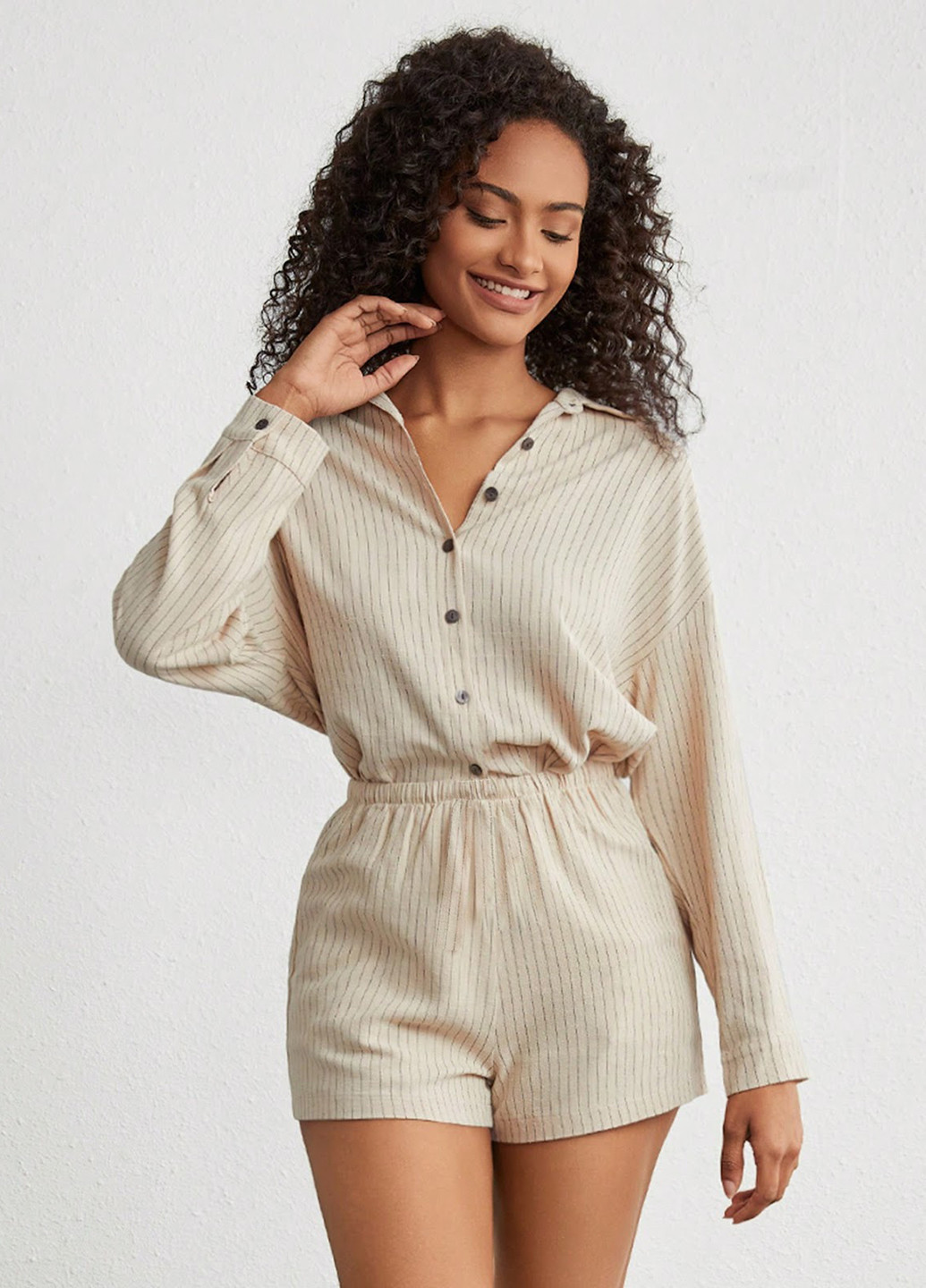 Светло-бежевый демисезонный комплект (рубашка, шорты) SHEIN