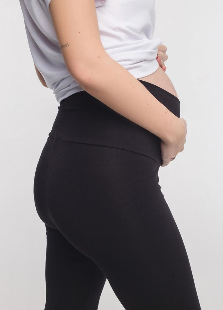 Черные демисезонные черные леггинсы лосины для беременных хлопковые с широким трикотажным поясом Мамин Дом