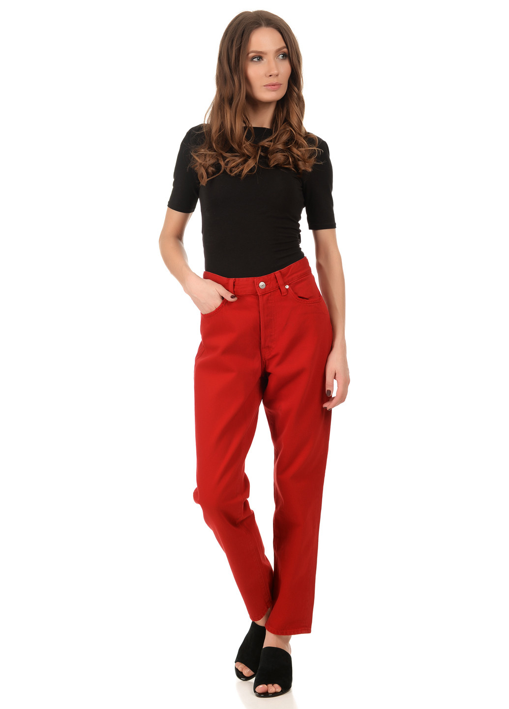 Красные джинсовые демисезонные прямые брюки H&M