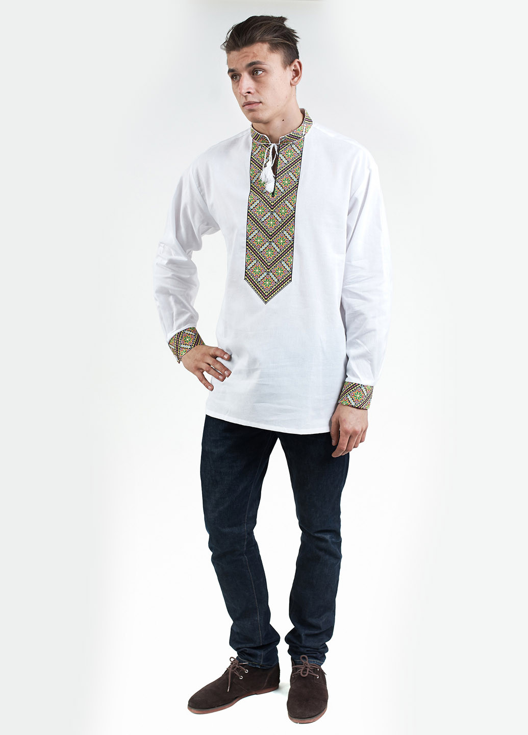 Белая кэжуал рубашка с орнаментом Edelvika с длинным рукавом