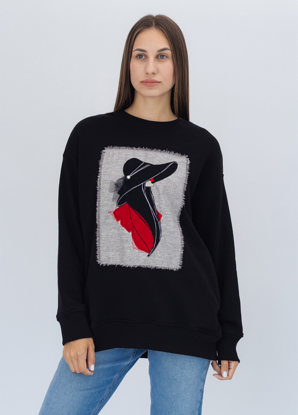 Черный свитшот Nora Kvittin однотонный вышивка, бусины, аппликация, нашивки, сеточка (301079887)