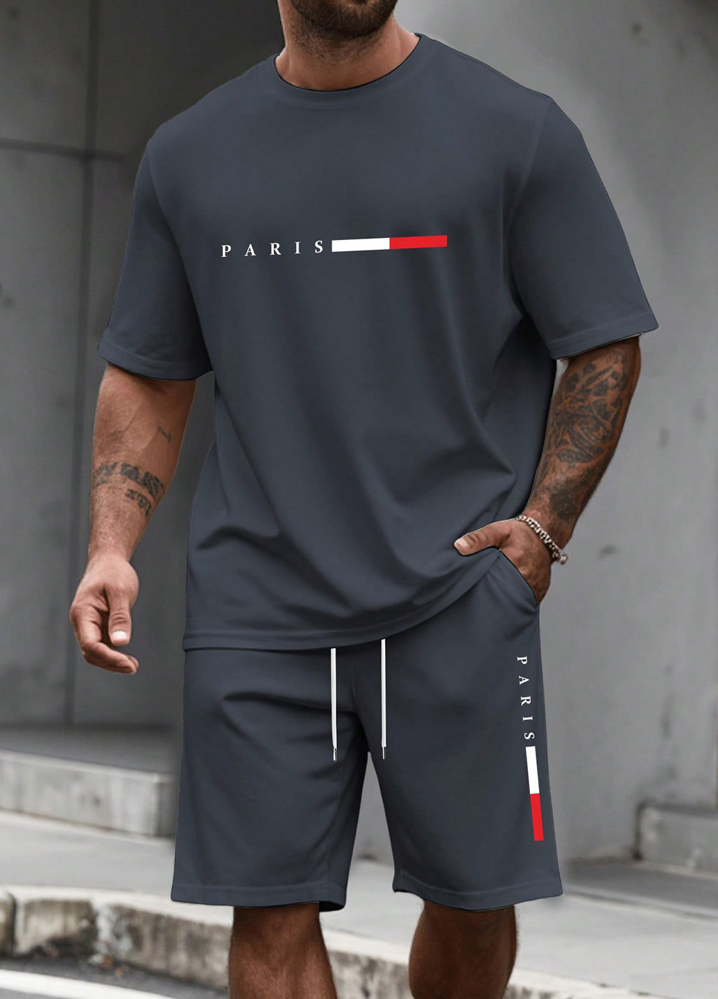 Темно-серый летний костюм (футболка, шорты) с шортами SHEIN