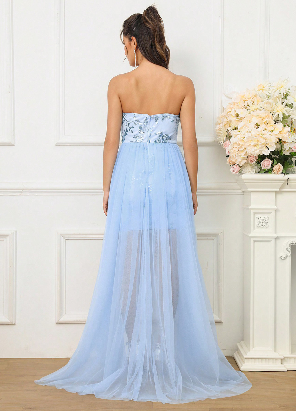 Голубое праздничный, вечернее платье с открытой спиной SHEIN однотонное