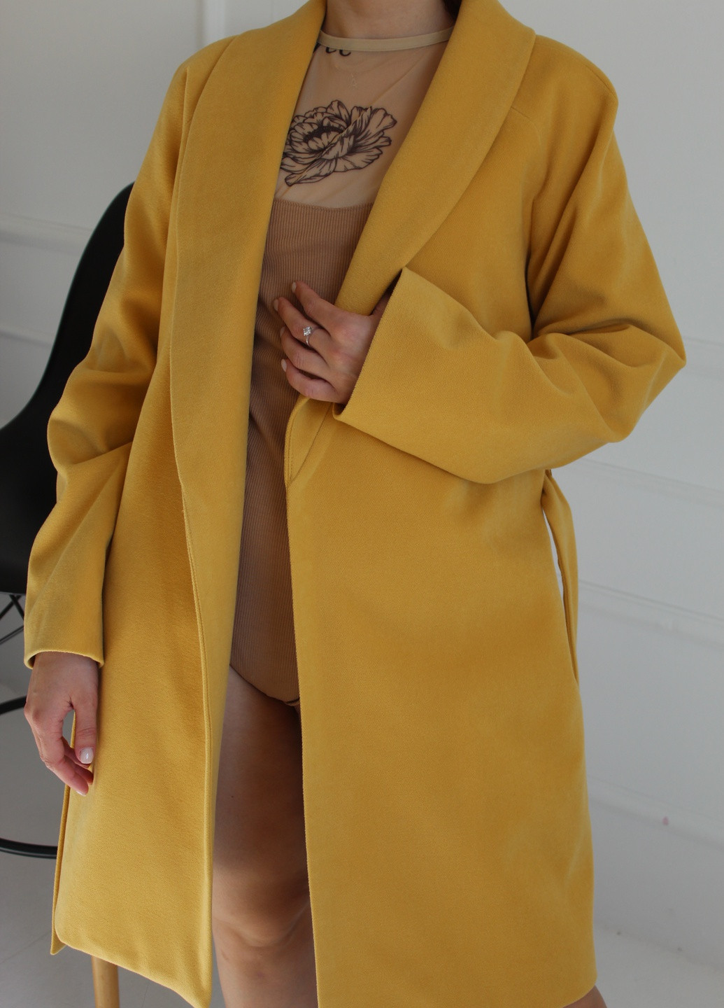 Светло-желтое демисезонное Пальто на запах Sunny еко кашемір 42-44 Guseva Wear