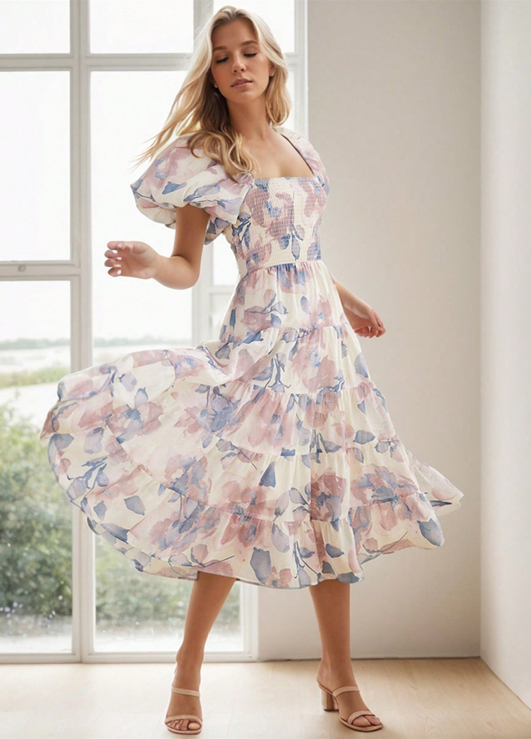 Светло-лиловое кэжуал платье с юбкой-солнце SHEIN с цветочным принтом