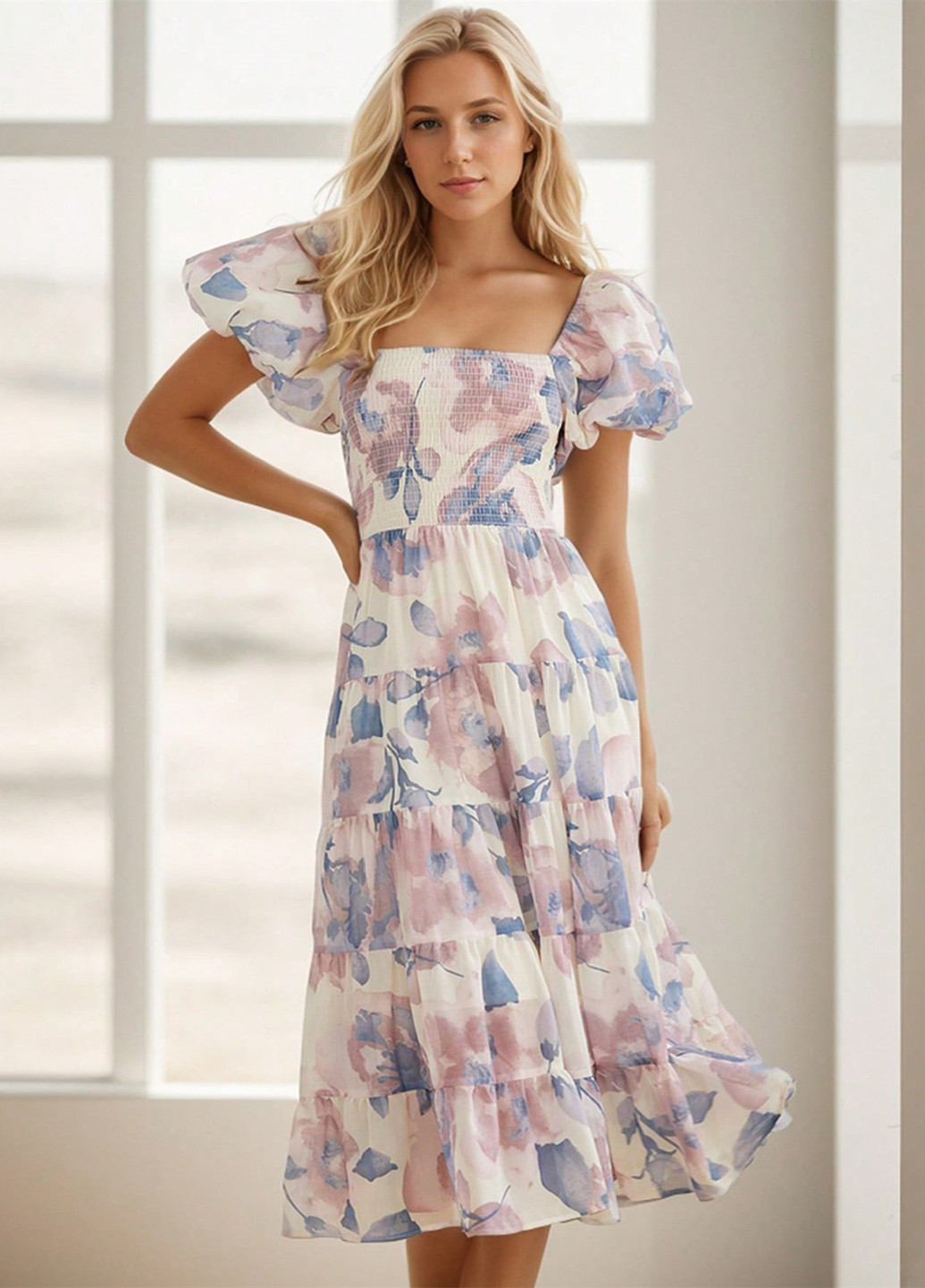 Светло-лиловое кэжуал платье с юбкой-солнце SHEIN с цветочным принтом