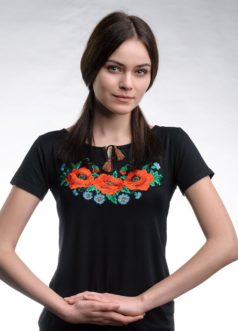 Женская вышитая футболка Маковое поле черная Melanika (250206198)