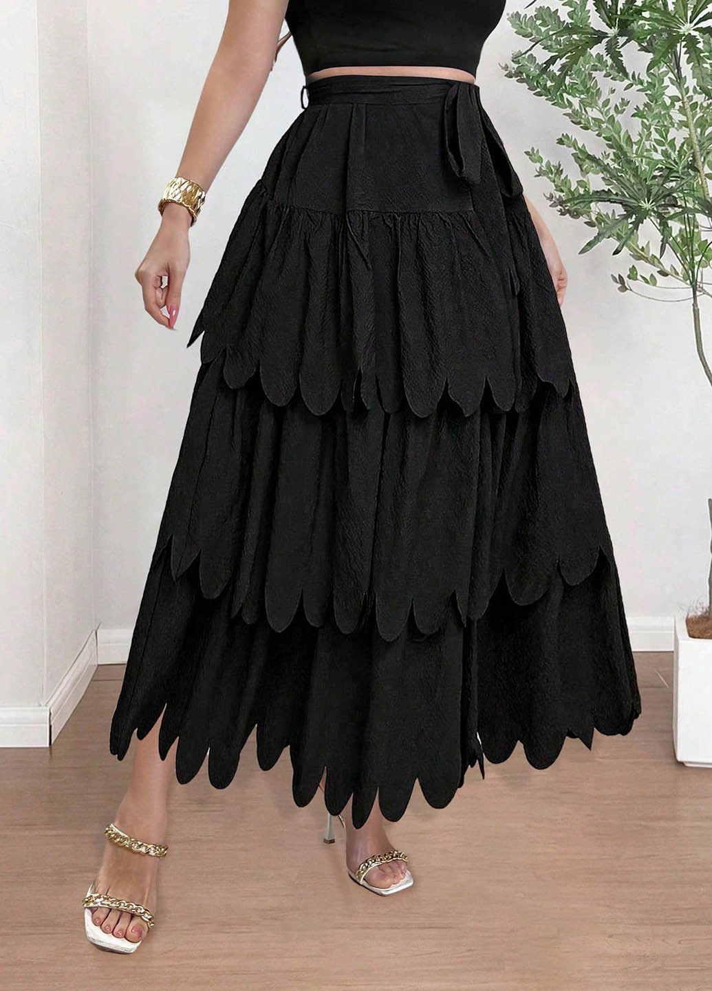 Черная кэжуал однотонная юбка SHEIN клешированная, а-силуэта (трапеция)