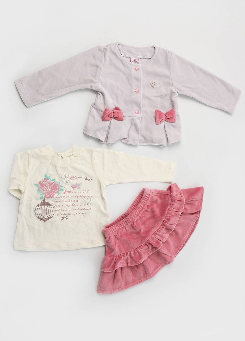 Розовый демисезонный комплект (кофта, жакет, юбка) Фламинго