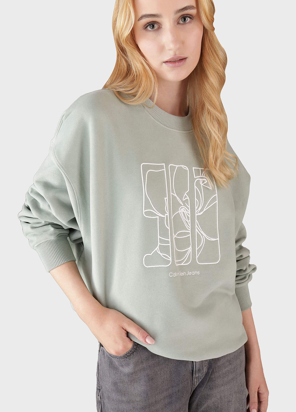 Серо-зеленый свитшот Calvin Klein Jeans рисунок без декора (366302295)