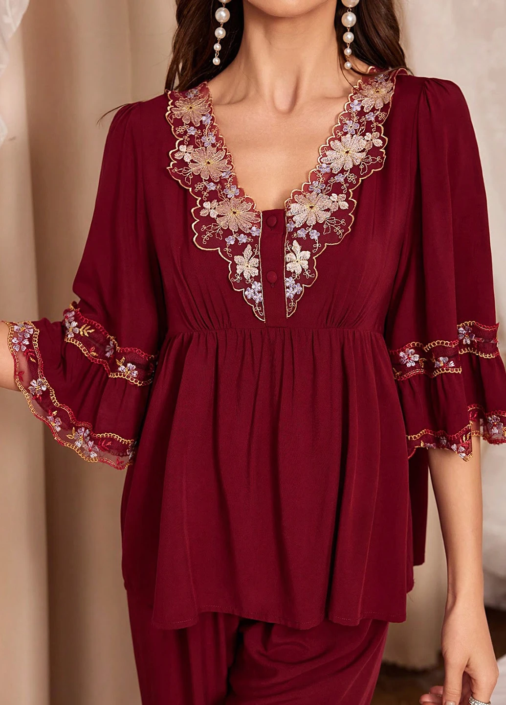 Бордовая всесезон пижама (блуза, брюки) SHEIN