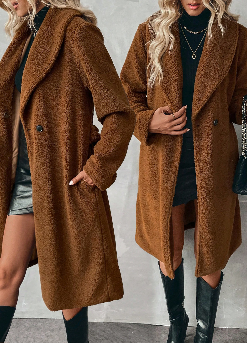 Коричневое зимнее Пальто двубортное SHEIN