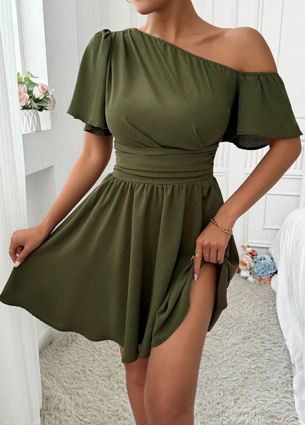 Оливковое (хаки) кэжуал платье клеш SHEIN однотонное