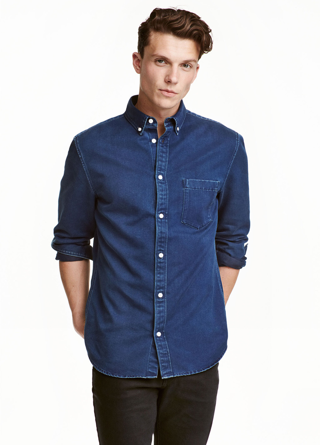 Сорочка H&M однотонна темно-синя джинсова бавовна, поліестер