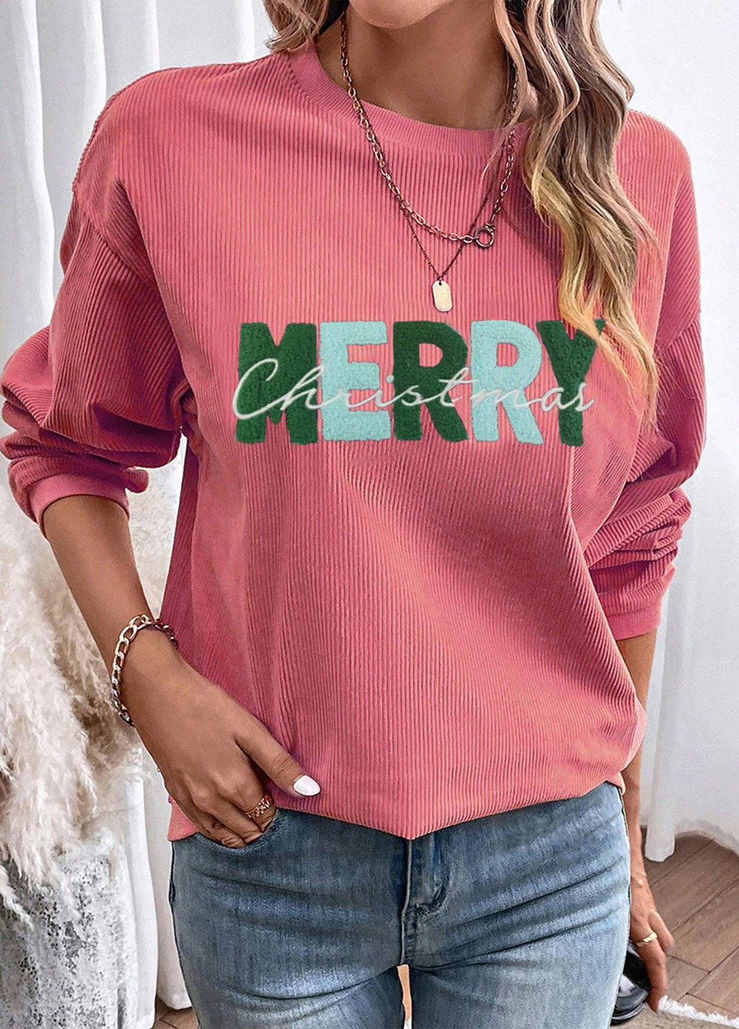 Рожевий світшот SHEIN новорічний аплікація, вишивка (334151899)